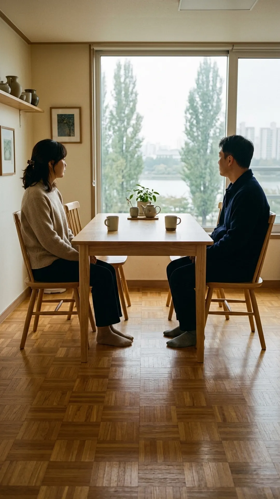 거실 식탁에 마주 앉아 이야기를 나누는 부부 — 연출 이미지