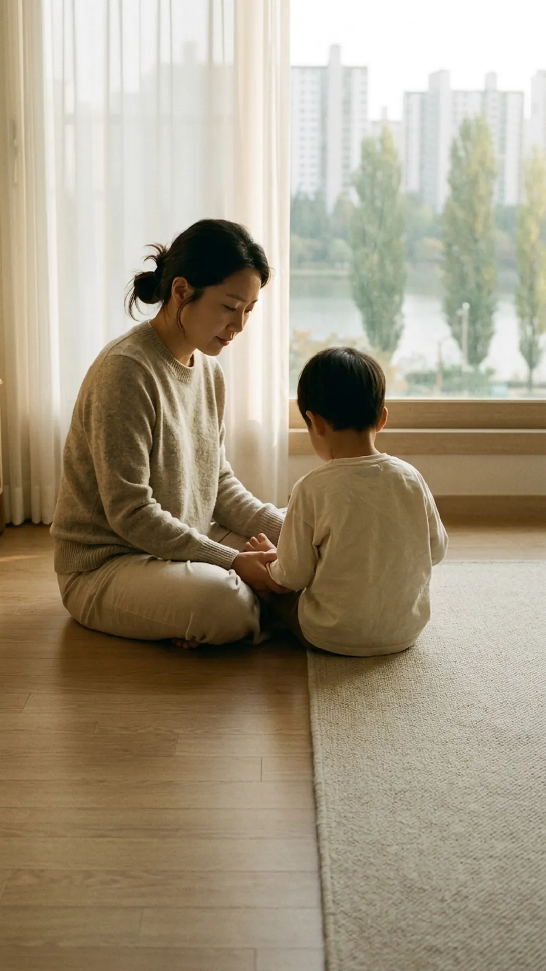 거실 바닥에서 아이와 마주 앉아 대화하는 부모 — 연출 이미지
