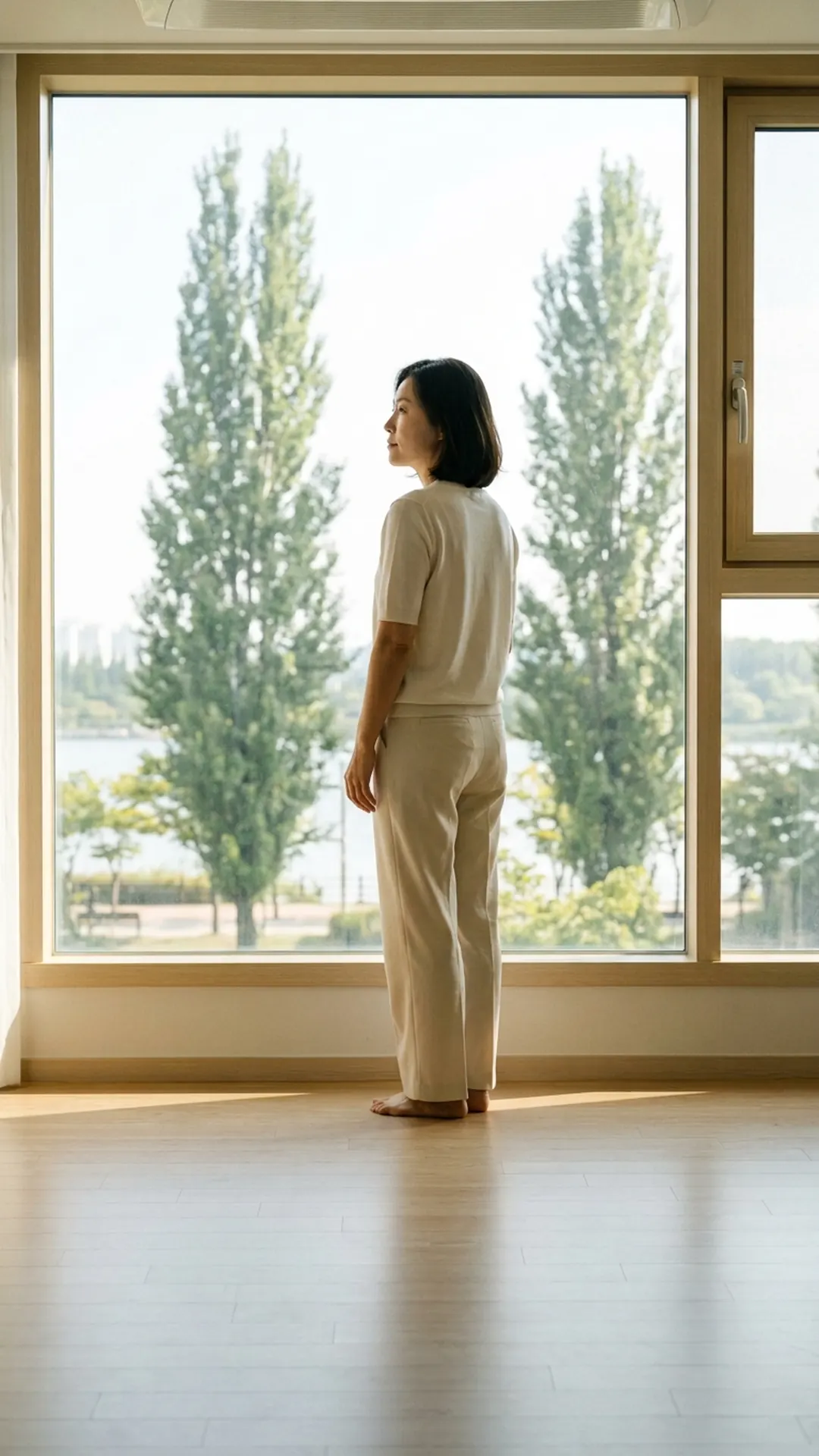 창가에 서서 생각에 잠긴 여성 — 연출 이미지